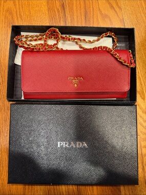 Prada Red Saffiano Leather Chain Crossbody with Gold Hardware
